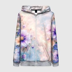 Женская толстовка на молнии Нежный голубой цветочный с золотистым свечением