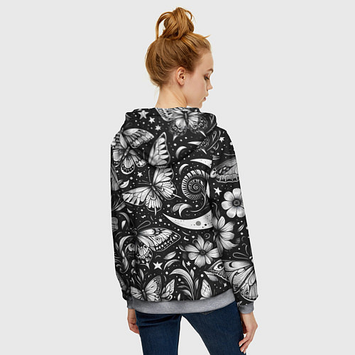 Женская толстовка на молнии Паттерн из бабочек цветов и луны - нейроарт / 3D-Меланж – фото 4