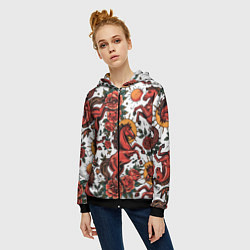 Толстовка на молнии женская Красный конь в стиле татуировки, цвет: 3D-черный — фото 2