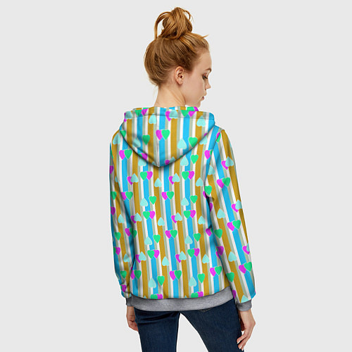 Женская толстовка на молнии Полосатый с сердечками ретро в горошек / 3D-Меланж – фото 4