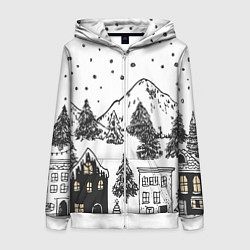 Толстовка на молнии женская Заснеженный черно-белый город, цвет: 3D-белый
