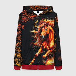 Толстовка на молнии женская Огненный конь в русской хохломе, цвет: 3D-красный