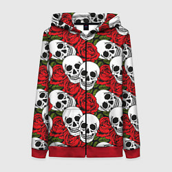 Толстовка на молнии женская Черепа в розах, цвет: 3D-красный