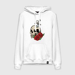 Толстовка-худи хлопковая женская Череп с розами, цвет: белый