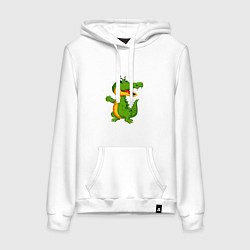 Толстовка-худи хлопковая женская Зеленый крокодильчик машет, цвет: белый
