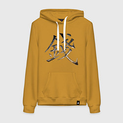 Толстовка-худи хлопковая женская Иероглиф Деньги: Фэн-Шуй, цвет: горчичный