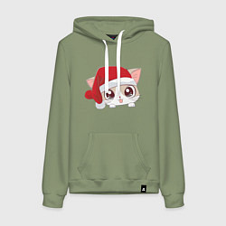 Толстовка-худи хлопковая женская Санта-котенок, цвет: авокадо