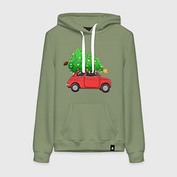 Толстовка-худи хлопковая женская Новогодняя машина с праздничной елкой, цвет: авокадо