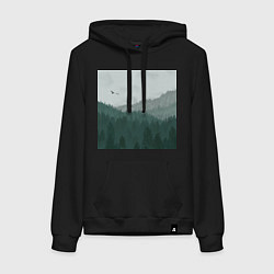 Толстовка-худи хлопковая женская Туманные холмы и лес, цвет: черный