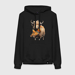 Толстовка-худи хлопковая женская Буйвол в шарфе, цвет: черный