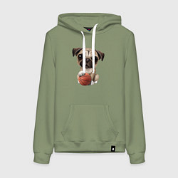 Толстовка-худи хлопковая женская Мопс баскетболист, цвет: авокадо