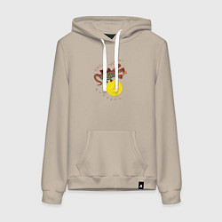 Толстовка-худи хлопковая женская Змей Горыныч с монетой Биткойна, цвет: миндальный
