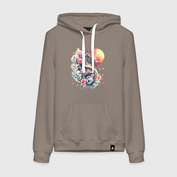 Женская толстовка-худи Японский дракон на фоне солнца и цветки сакуры