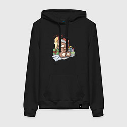 Толстовка-худи хлопковая женская Мишка с подарками, цвет: черный