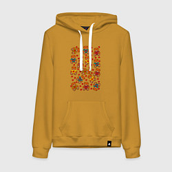 Толстовка-худи хлопковая женская Мишки в цветных свитерах и сердечки, цвет: горчичный