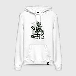 Толстовка-худи хлопковая женская Енот воришка на велосипеде, цвет: белый