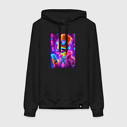 Толстовка-худи хлопковая женская Кибер Барт с пирсингом на языке - неоновое свечени, цвет: черный