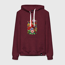Толстовка-худи хлопковая женская Птица красный кардинал среди цветов, цвет: меланж-бордовый