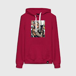 Толстовка-худи хлопковая женская Девчонка панк в татухах с чёрным котом - нейросеть, цвет: маджента