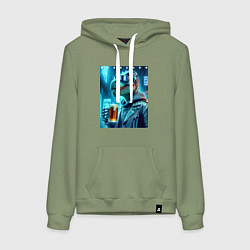 Толстовка-худи хлопковая женская Крутой чувак Дино с кружкой пива - нейроарт, цвет: авокадо