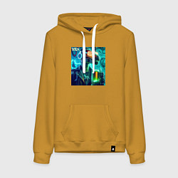 Толстовка-худи хлопковая женская Крутой Дино в неоновых очках - нейроарт, цвет: горчичный