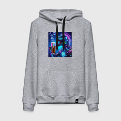 Толстовка-худи хлопковая женская Неоновый крутой пивозавр - нейроарт, цвет: меланж