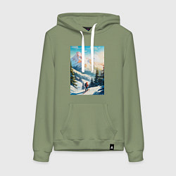 Толстовка-худи хлопковая женская Лыжник в горах, цвет: авокадо