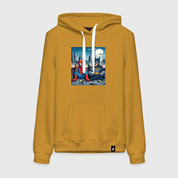 Толстовка-худи хлопковая женская Человек паук и Бэтмен пьют пиво на крыше небоскрёб, цвет: горчичный