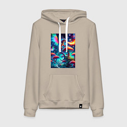 Толстовка-худи хлопковая женская Сказочный дракон на планете неоновых грибов, цвет: миндальный