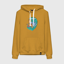 Толстовка-худи хлопковая женская Серфер и акула, цвет: горчичный