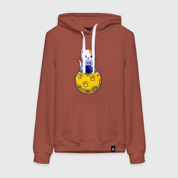 Толстовка-худи хлопковая женская Котик на луне, цвет: кирпичный