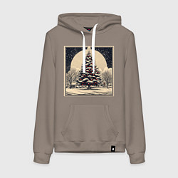 Толстовка-худи хлопковая женская Марка с наряженной елкой - нейросеть, цвет: утренний латте