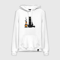 Толстовка-худи хлопковая женская Кот с печкой, цвет: белый