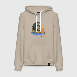Толстовка-худи хлопковая женская Увлеченная рыба-рыбак ловит рыбу удочкой, цвет: миндальный