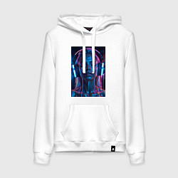 Толстовка-худи хлопковая женская Девушка с наушниками в неоне, цвет: белый