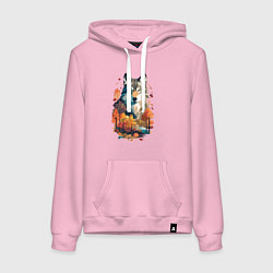 Толстовка-худи хлопковая женская Волк и осенний лес, цвет: светло-розовый