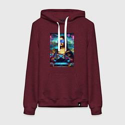 Толстовка-худи хлопковая женская Mona Lisa is an avid gamer - cyberpunk, цвет: меланж-бордовый