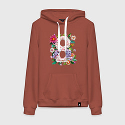 Толстовка-худи хлопковая женская Цветочное 8 марта, цвет: кирпичный