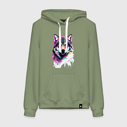 Толстовка-худи хлопковая женская Волчья морда - нейроарт, цвет: авокадо