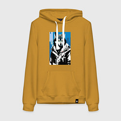 Толстовка-худи хлопковая женская Волк в мегаполисе - нейроарт, цвет: горчичный
