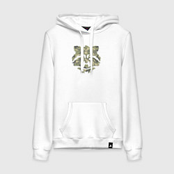 Толстовка-худи хлопковая женская Енот в камуфляже с силуэтами животных, цвет: белый