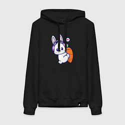 Толстовка-худи хлопковая женская Музыкальный зайка с морковкой, цвет: черный