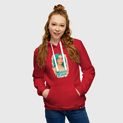 Толстовка-худи хлопковая женская Билли Айлиш с бирюзовыми волосами, цвет: красный — фото 2