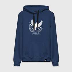 Толстовка-худи хлопковая женская Летящий воробей с цветами, цвет: тёмно-синий