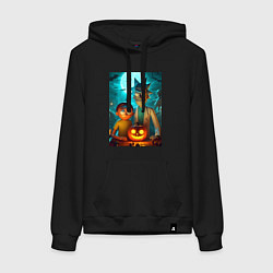 Толстовка-худи хлопковая женская Rick and Morty with pumpkin - halloween night, цвет: черный