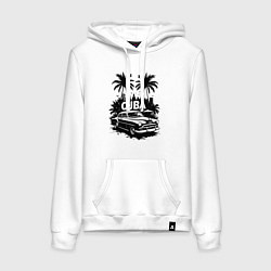 Толстовка-худи хлопковая женская Ретро-Куба пальмы и автомобиль, цвет: белый
