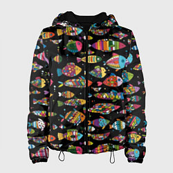 Куртка с капюшоном женская Разноцветные рыбы - черный фон, цвет: 3D-черный