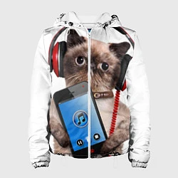 Куртка с капюшоном женская Кот в наушниках, цвет: 3D-белый