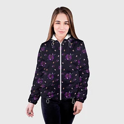 Куртка с капюшоном женская Фиолетовые розы на темном фоне, цвет: 3D-белый — фото 2