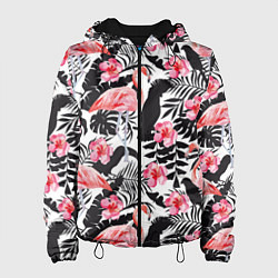 Куртка с капюшоном женская Фламинго и попугаи, цвет: 3D-черный